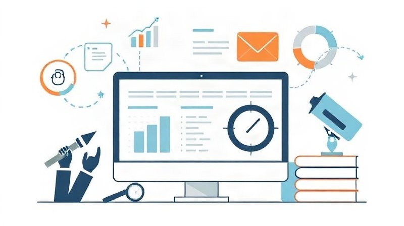 Illustration of a professional analyzing digital charts and data for SEO performance tracking.