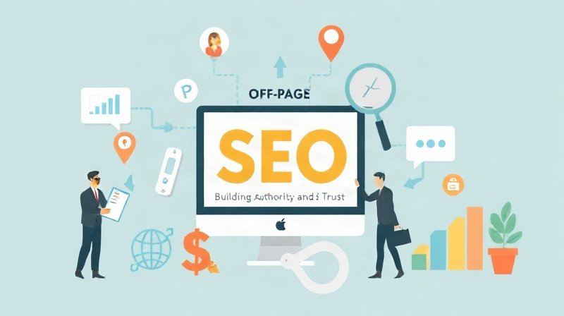 Illustration: Off-page SEO building authority & trust. SEO ranking factors.